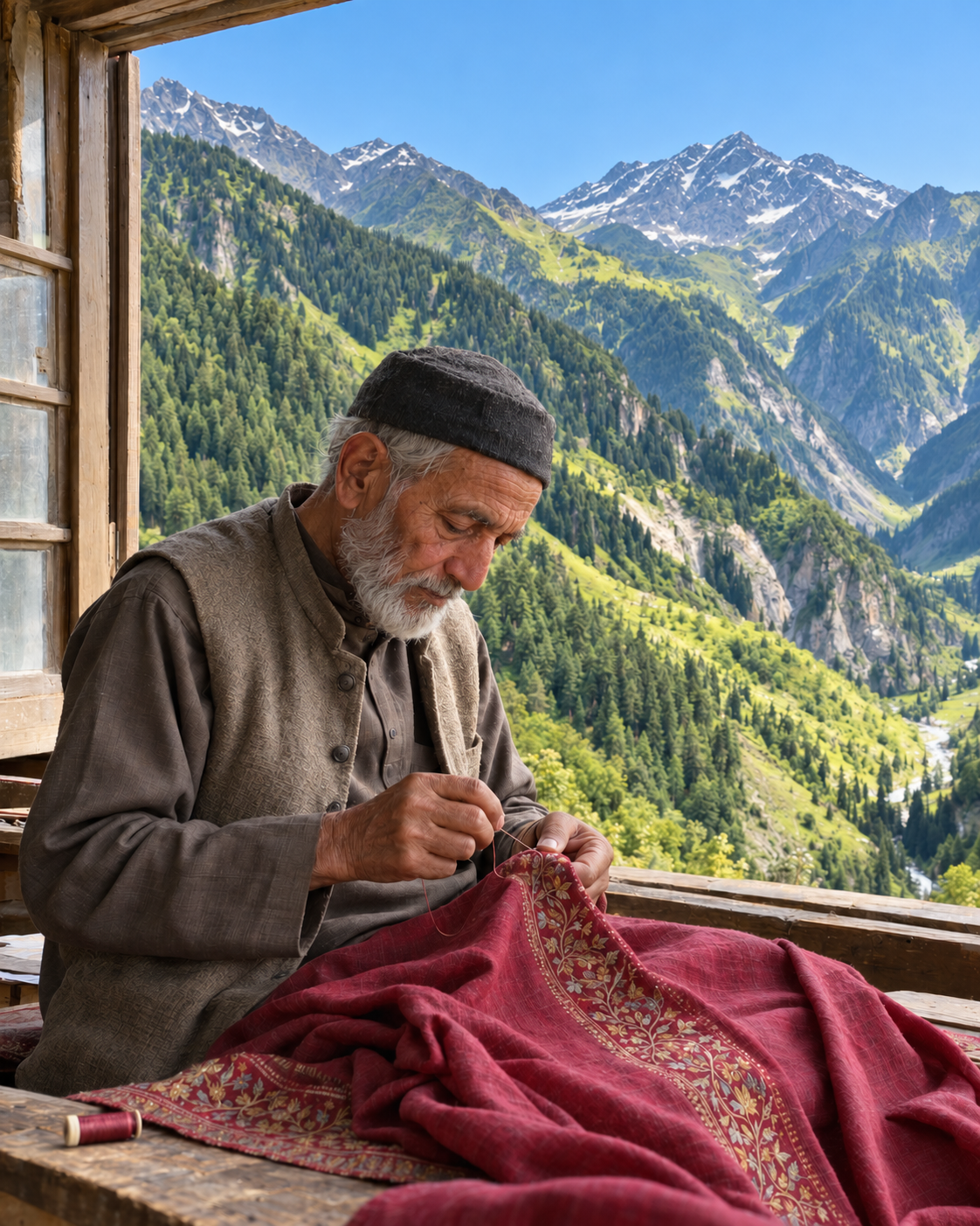 AI-generated editorial illustration of an older artisan embroidering a burgundy shawl beside a sunlit mountain valley
